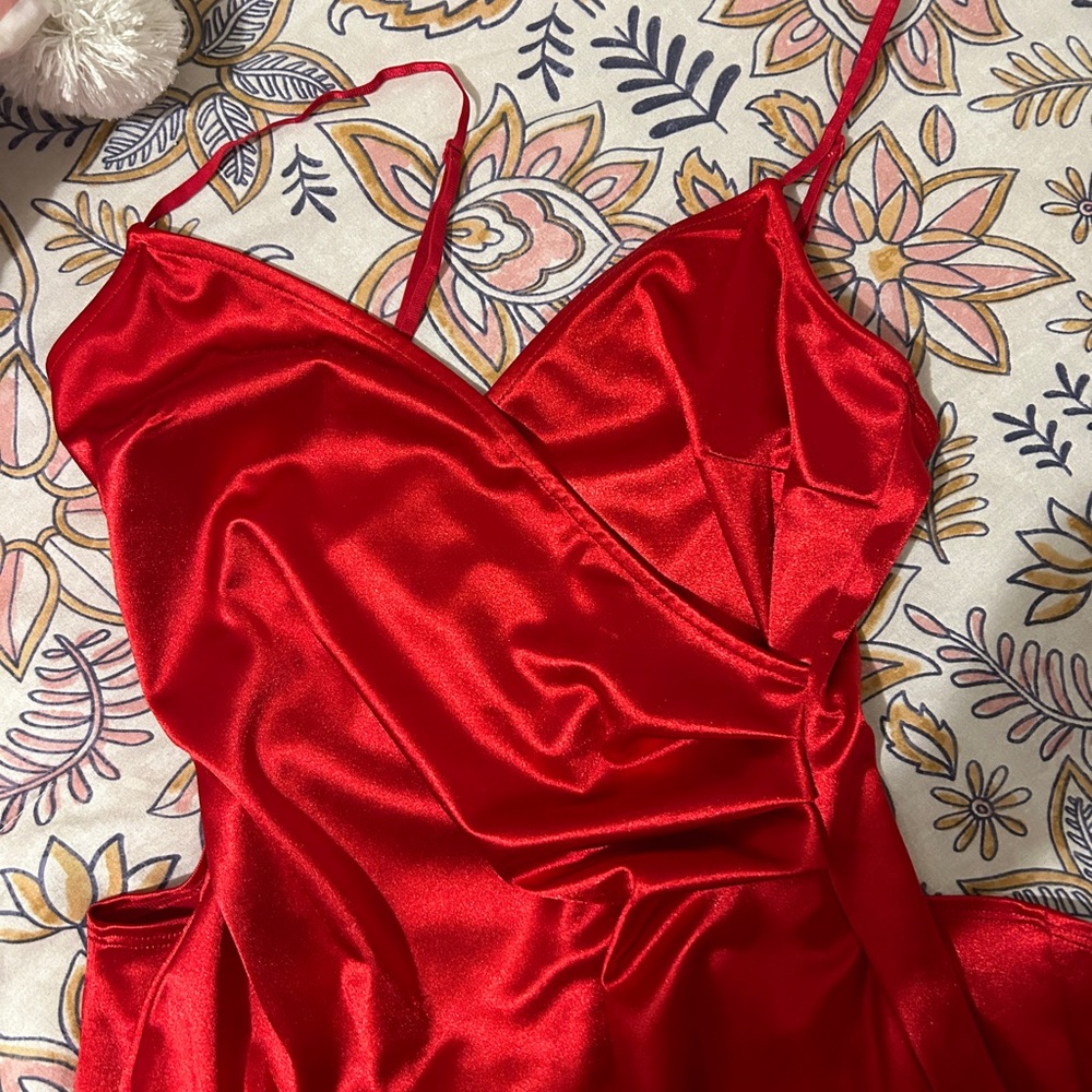 Red satin asymmetrical dress